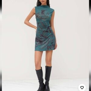 MICAS Sleeveless Dress Mockneck Stand Collar Floral Design Cherub Print S Teal N